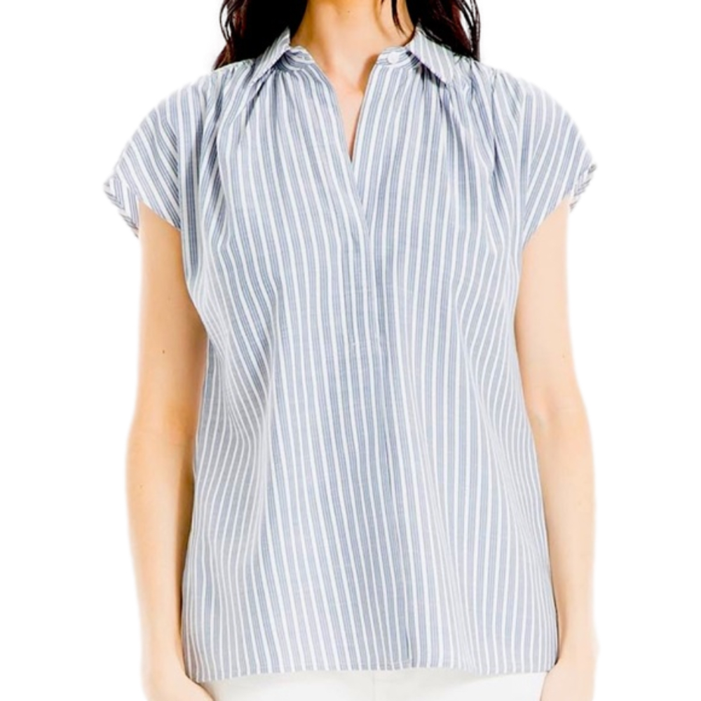 Max Studio Blue Tri-Stripe Cap Sleeve Blouse, S